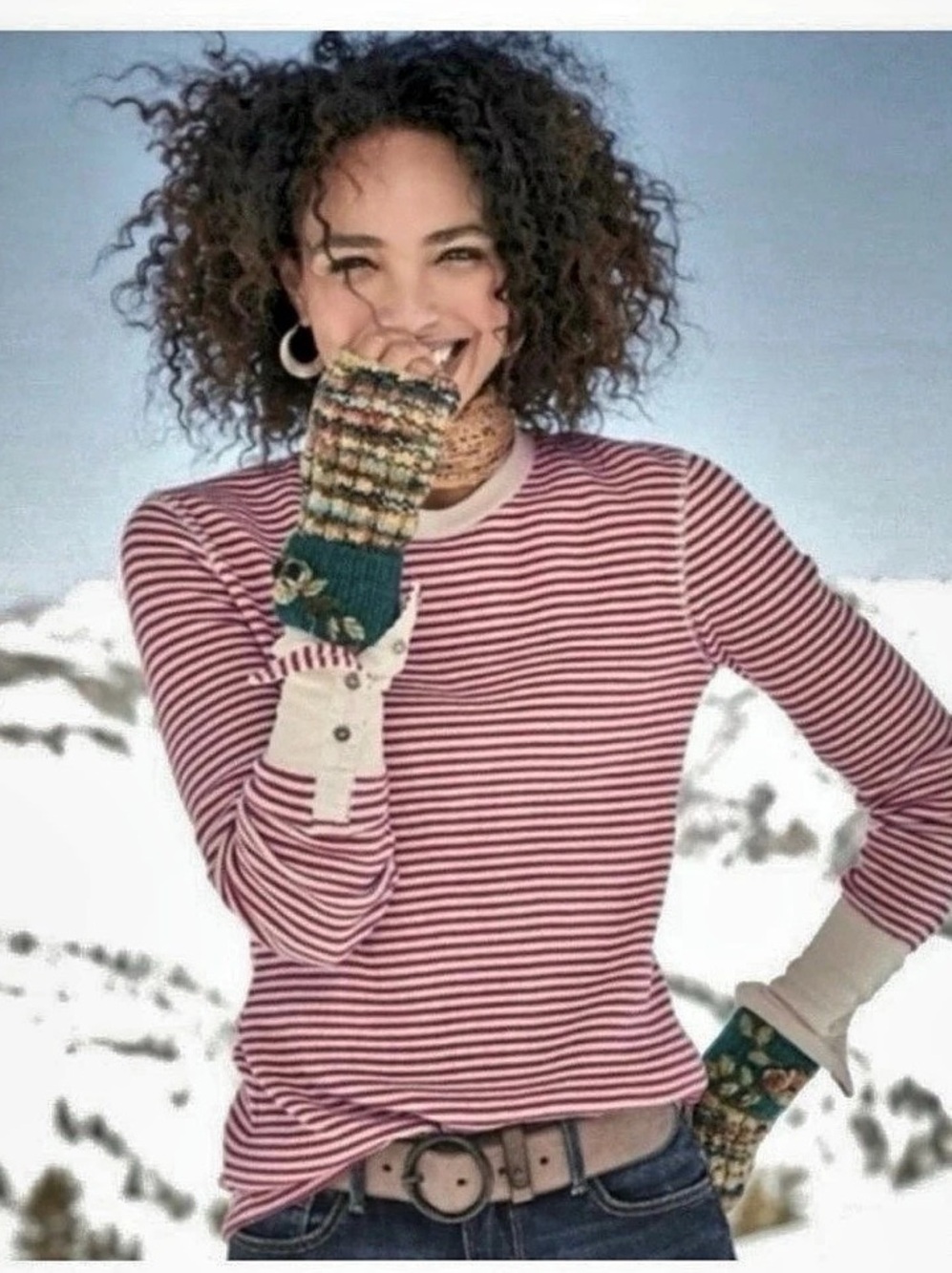 sundance Striped Thermal Long Sleeve Top Red & Cream XL